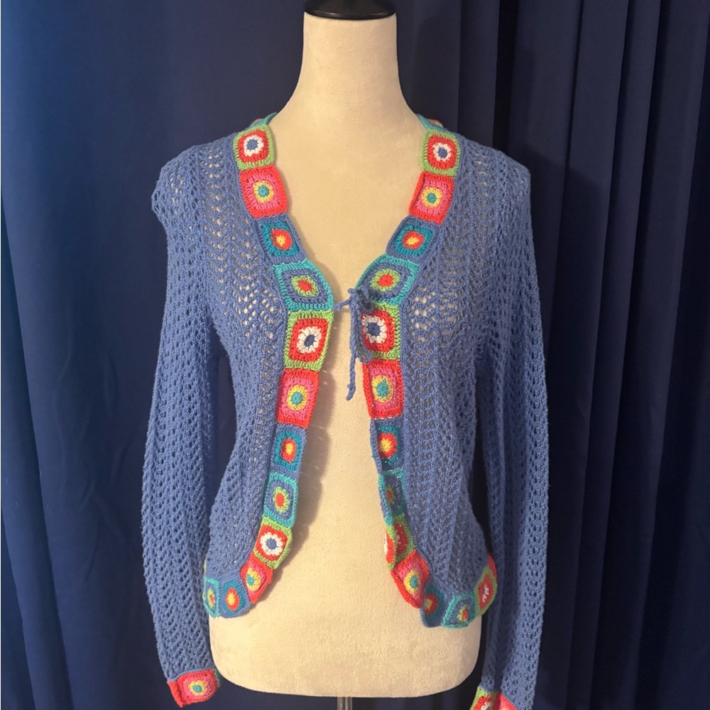 Colorful Crochet Trim Blue Sweater